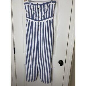 American Eagle M Blue Stripe Linen Blend Wide Leg Jumpsuit Coastal Vibes